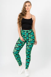 WHOLESALE Women's 4-Leaf Clover Print Peach Skin Leggings
