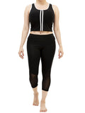 High Rise Active Yoga Black Capri Leggings and Crop Top Set with Mesh Panels and White Stripes