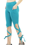 High Waisted Cut-Out Tie Cuff Active Yoga Pants Sport Capri Aqua Leggings with Double Pockets