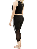 High Rise Active Yoga Black Capri Leggings and Crop Top Set with Mesh Panels and White Stripes