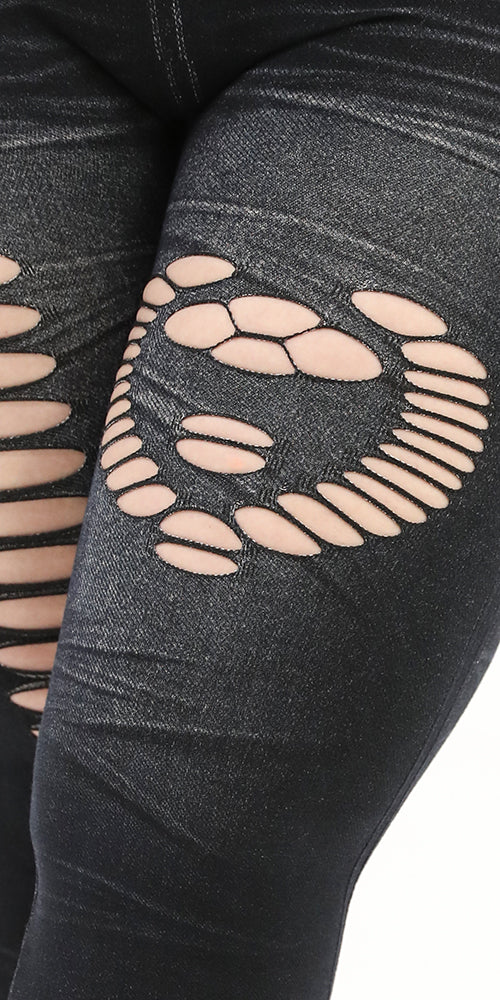 Jeggings with Heart Shape Ripped Black