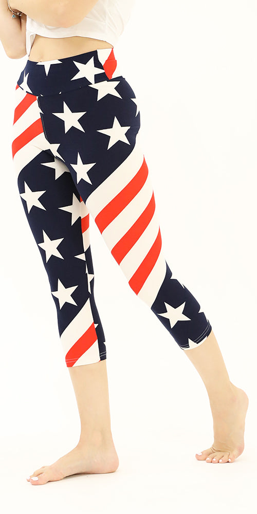 High-Waist Buttery-Soft Flag Pattern Capri Leggings