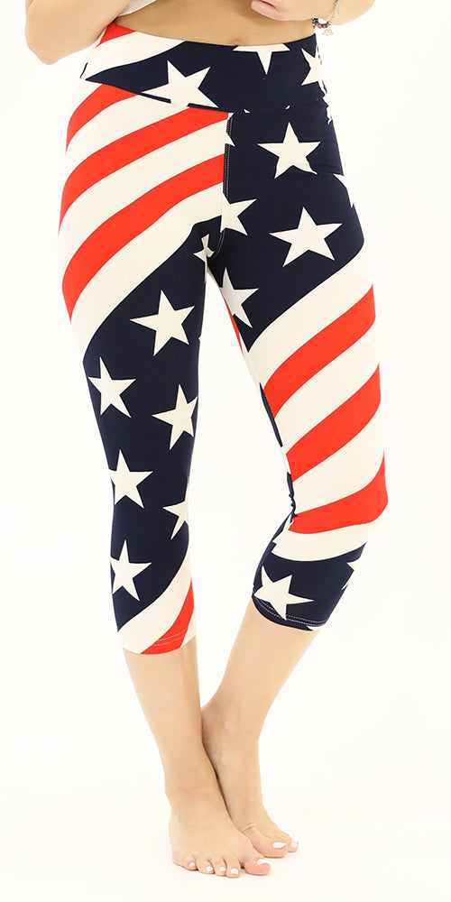 High-Waist Buttery-Soft Flag Pattern Capri Leggings